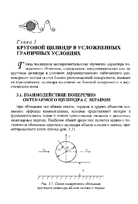 При обтекании тел вблизи стенок, экранов и других объектов возникают эффекты взаимовлияния, которые представляют интерес в фундаментальном плане и имеют практическое значение в различных инженерных задачах. Наиболее общей среди них является задача о поперечном обтекании кругового цилиндра вблизи плоского экрана, ориентированного вдоль потока (рис. 3.1).