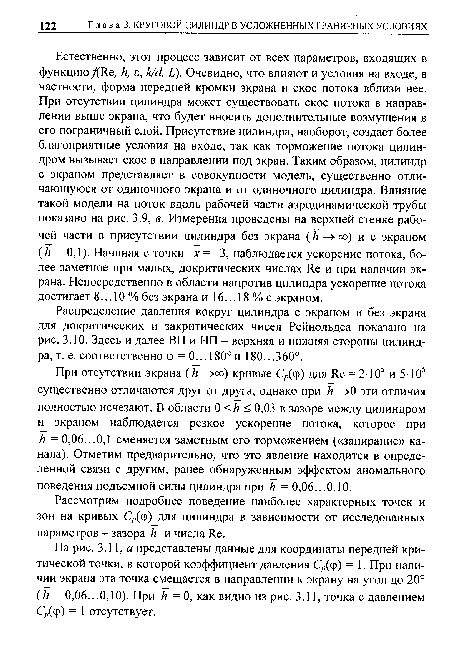 Распределение давления вокруг цилиндра с экраном и без экрана для докритических и закритических чисел Рейнольдса показано на рис. 3.10. Здесь и далее ВП и НП - верхняя и нижняя стороны цилиндра, т. е. соответственно ф = 0...180°и 180...360°.