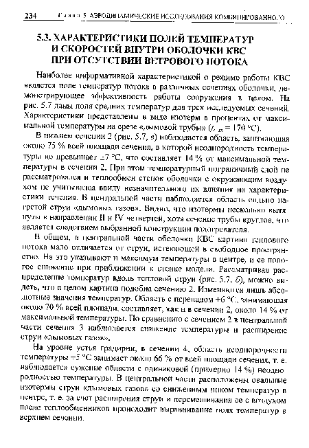 Наиболее информативной характеристикой о режиме работы КВС является поле температур потока в различных сечениях оболочки, демонстрирующее эффективность работы сооружения в целом. На рис. 5.7 даны поля средних температур для трех исследуемых сечений. Характеристики представлены в виде изотерм в процентах от максимальной температуры на срезе «дымовой трубы» (7тах = 170 °С).