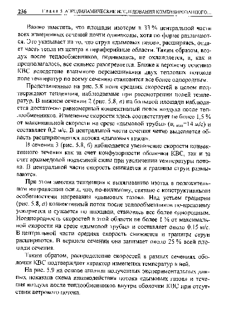 В сечении 3 (рис. 5.8, б) наблюдается увеличение скорости конвективного течения как за счет конфузорности оболочки КВС, так и за счет архимедовой подъемной силы при увеличении температуры потока. В центральной части скорость снижается и границы струи размываются.