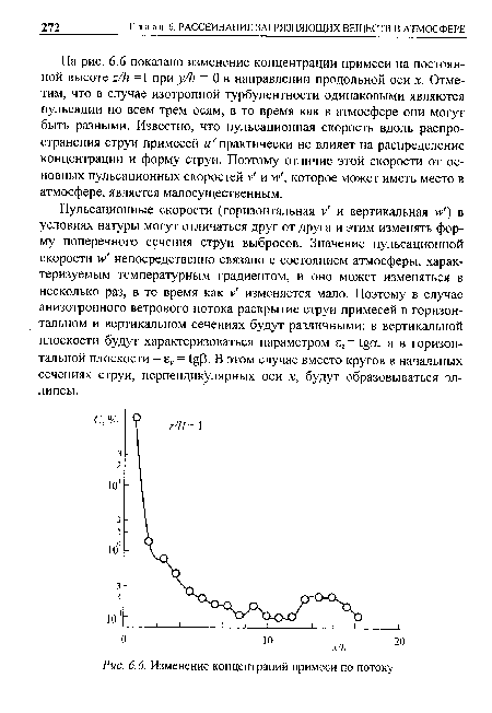 Изменение концентраций примеси по потоку