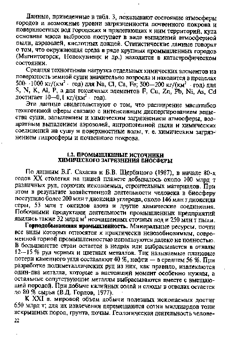 Горнодобывающая промышленность. Минеральные ресурсы, почти все виды которых относятся к практически невозобновимым, современной горной промышленностью используются далеко не полностью. В большинстве стран остается в недрах или выбрасывается в отвалы 12—15 % руд черных и цветных металлов. Так называемые плановые потери каменного угля составляют 40 %, нефти — в среднем 56 %. При разработке полиметаллических руд из них, как правило, извлекаются один-два металла, которые в настоящий момент особенно нужны, а остальные сопутствующие металлы выбрасываются вместе с вмещающей породой. При добыче калийных солей и слюды в отвалах остается до 80 % сырья (В.Д. Горлов, 1977).