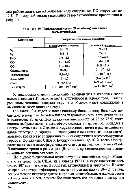 По оценке Федеральной администрации шоссейных дорог Министерства транспорта США, на 1 января 1970 г. в мире насчитывалось около 207 млн легковых и грузовых автомобилей и автобусов. Исходя из средних потерь нефтепродуктов на одну автомашину 10—11 л в год, общий выброс нефтепродуктов мировым автомобильным парком равен 2,1—2,2 млн т в год, причем большая часть его попадает в почву и в гидросферу.