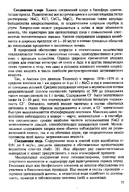 Соединения иода. Содержание иода, в земной коре колеблется от 0,01 до 6 мг/кг, достигая максимума в обогащенных органическим веществом сланцах (табл. 25). Иод образует ряд самостоятельных минералов и может присутствовать в виде изоморфной примеси.