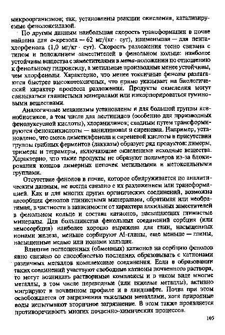 Аналогичные механизмы установлены и для большой группы ксенобиотиков, в том числе для пестицидов (особенно для производных фенолуксусной кислоты), хлоранилинов; сходным путем трансформируются феноксикислоты — ванилиновая и сиреневая. Например, установлено, что смесь диметилфенола и сиреневой кислоты в присутствии группы грибных ферментов (лакказы) образует ряд продуктов: димеры, тримеры и тетрамеры, включающие окисленные исходные вещества. Характерно, что такие продукты не образуют полимеров из-за блокирования концов димерных цепочек метальными и метоксильными группами.