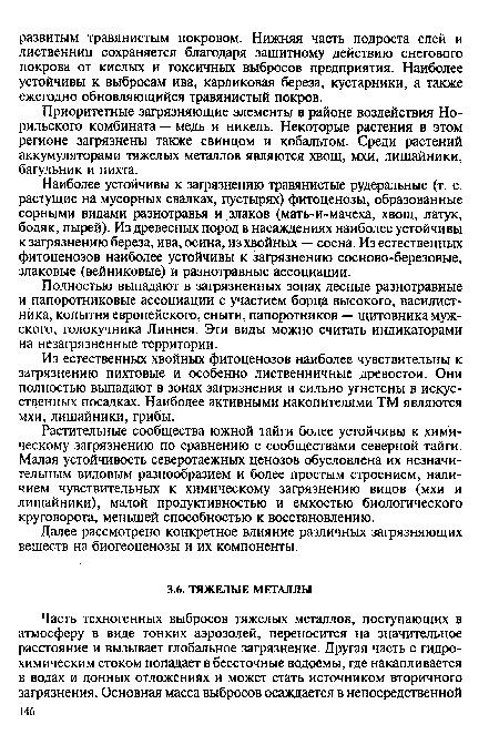 Наиболее устойчивы к загрязнению травянистые рудеральные (т. е. растущие на мусорных свалках, пустырях) фитоценозы, образованные сорными видами разнотравья и злаков (мать-и-мачеха, хвощ, латук, бодяк, пырей). Из древесных пород в насаждениях наиболее устойчивы к загрязнению береза, ива, осина, из хвойных — сосна. Из естественных фитоценозов наиболее устойчивы к загрязнению сосново-березовые, злаковые (вейниковые) и разнотравные ассоциации.