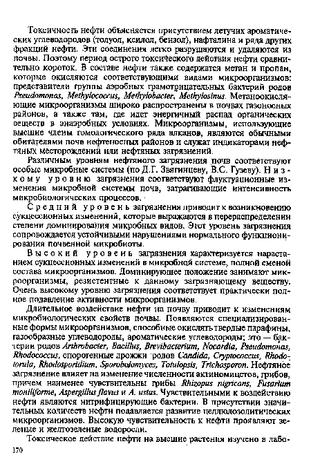 Различным уровням нефтяного загрязнения почв соответствуют особые микробные системы (по Д.Г. Звягинцеву, B.C. Гузеву). Низкому уровню загрязнения соответствуют флуктуационные изменения микробной системы почв, затрагивающие интенсивность микробиологических процессов.