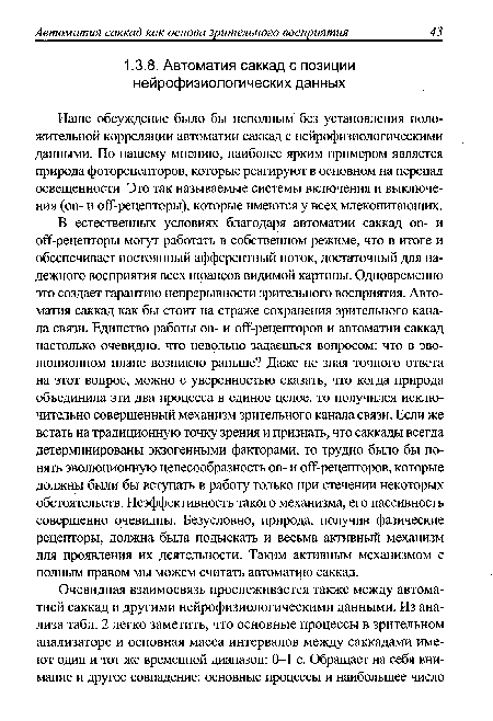 Наше обсуждение было бы неполным без установления положительной корреляции автоматии саккад с нейрофизиологическими данными. По нашему мнению, наиболее ярким примером является природа фоторецепторов, которые реагируют в основном на перепад освещенности. Это так называемые системы включения и выключения (оп- и оД-рецепторы), которые имеются у всех млекопитающих.