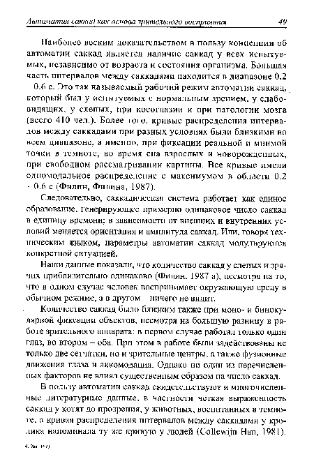 Наши данные показали, что количество саккад у слепых и зрячих приблизительно одинаково (Филин, 1987 а), несмотря на то, что в одном случае человек воспринимает окружающую среду в обычном режиме, а в другом - ничего не видит.