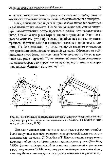 Итак, внимание наблюдателя привлекают наиболее заметные и значимые точки объекта. Особенно наглядно это можно видеть при рассматривании более простого объекта, чем человеческое лицо, а именно при рассматривании многоугольника. Как и следовало ожидать, углы привлекают наибольшее внимание испытуемого, соответственно и остановки взгляда приурочены к ним (рис. 17). Это означает, что углы являются главным элементом для фиксации взора после очередной саккады. Обращает на себя внимание и тот факт, что глаз чаще фиксирует острый угол и значительно реже - прямой. По-видимому, об этом были осведомлены архитекторы; в их строениях нередко присутствовали заострения, шпили, башенки, кокошники и т.п.