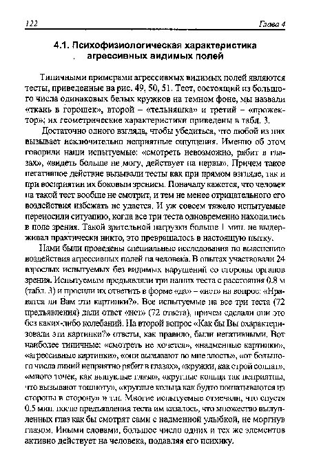 Достаточно одного взгляда, чтобы убедиться, что любой из них вызывает исключительно неприятные ощущения. Именно об этом говорили наши испытуемые: «смотреть невозможно, рябит в глазах», «видеть больше не могу, действует на нервы». Причем такое негативное действие вызывали тесты как при прямом взгляде, так и при восприятии их боковым зрением. Поначалу кажется, что человек на такой тест вообще не смотрит, и тем не менее отрицательного его воздействия избежать не удается. И уж совсем тяжело испытуемые переносили ситуацию, когда все три теста одновременно находились в поле зрения. Такой зрительной нагрузки больше 1 мин. не выдерживал практически никто, это превращалось в настоящую пытку.