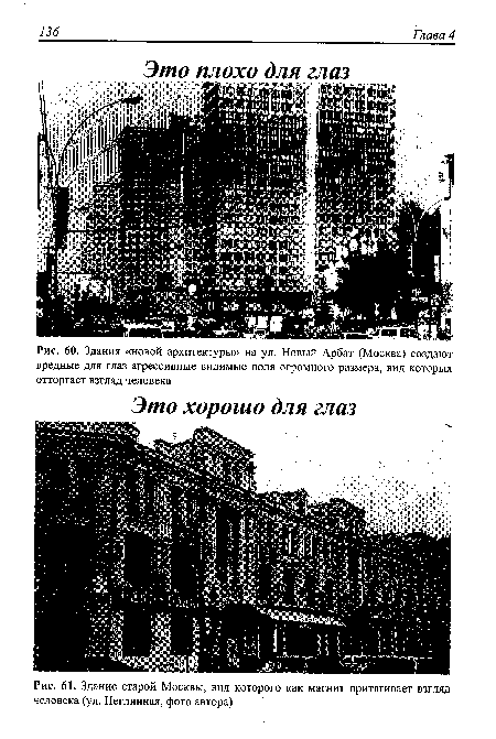 Здания «новой архитектуры» на ул. Новый Арбат (Москва) создают вредные для глаз агрессивные видимые поля огромного размера, вид которых отторгает взгляд человека