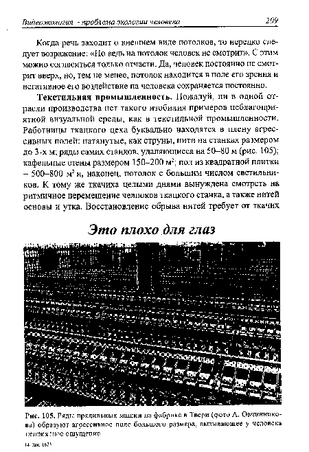 Ряды прядильных машин на фабрике в Твери (фото А. Овчинникова) образуют агрессивное поле большого размера, вызывающее у человека неприятное ощущение