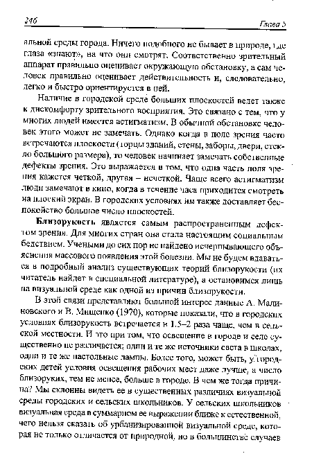 Наличие в городской среде больших плоскостей ведет также к дискомфорту зрительного восприятия. Это связано с тем, что у многих людей имеется астигматизм. В обычной обстановке человек этого может не замечать. Однако когда в поле зрения часто встречаются плоскости (торцы зданий, стены, заборы, двери, стекло большого размера), то человек начинает замечать собственные дефекты зрения. Это выражается в том, что одна часть поля зрения кажется четкой, другая - нечеткой. Чаще всего астигматизм люди замечают в кино, когда в течение часа приходится смотреть на плоский экран. В городских условиях им также доставляет беспокойство большое число плоскостей.