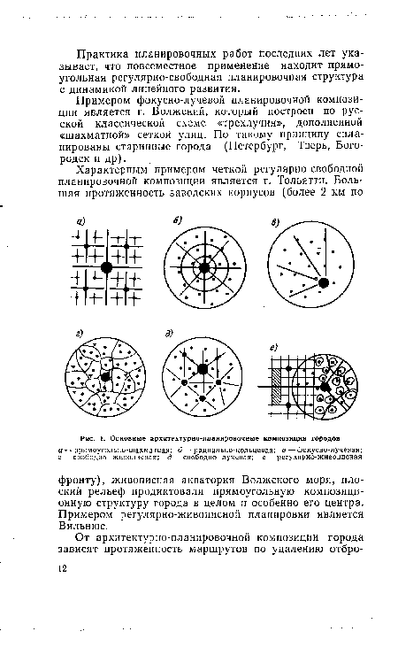 Примером фокусно-лучевой планировочной композиции является г. Волжский, который построен по русской классической схеме «трехлучия», дополненной «шахматной» сеткой улиц. По такому принципу спланированы старинные города (Петербург, Тверь, Бого-родск и др).