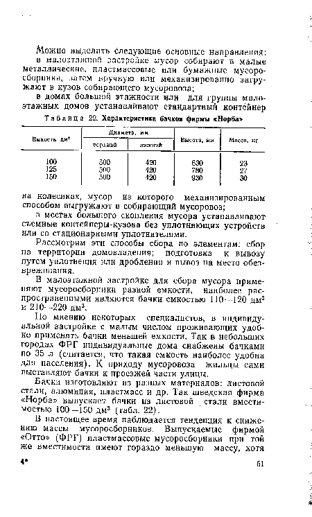 По мнению некоторых специалистов, в индивидуальной застройке с малым числом проживающих удобно применять бачки меньшей емкости. Так в небольших городах ФРГ индивидуальные дома снабжены бачками по 35 л (считается, что такая емкость наиболее удобна для населения). К приходу мусоровоза жильцы сами выставляют бачки к проезжей части улицы.