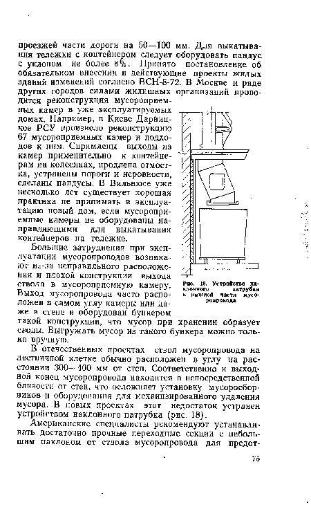 Устройство наклонного	патрубка в нижней части мусоропровода