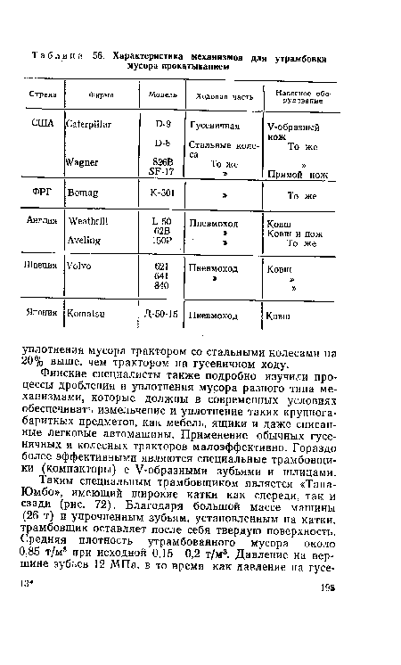 Финские специалисты также подробно изучили процессы дробления и уплотнения мусора разного типа механизмами, которые должны в современных условиях обеспечивать измельчение и уплотнение таких крупногабаритных предметов, как мебель, ящики и даже списанные легковые автомашины. Применение обычных гусеничных и колесных тракторов малоэффективно. Гораздо более эффективными являются специальные трамбовщики (компакторы) с У-образными зубьями и шлицами.