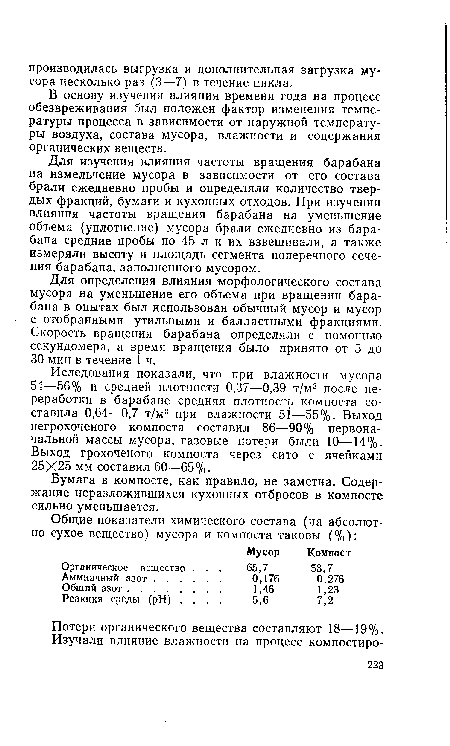 В основу изучения влияния времени года на процесс обезвреживания был положен фактор изменения температуры процесса в зависимости от наружной температуры воздуха, состава мусора, влажности и содержания органических веществ.