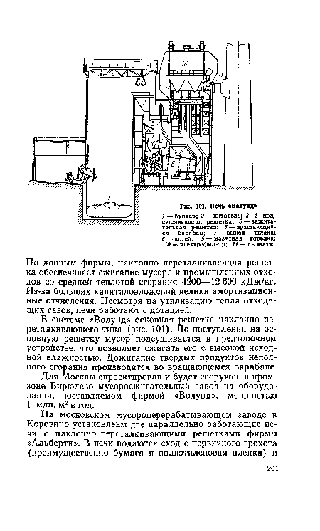 По данным фирмы, наклонно переталкивающая решетка обеспечивает сжигание мусора и промышленных отходов со средней теплотой сгорания 4200—12 600 кДж/кг. Из-за больших капиталовложений велики амортизационные отчисления. Несмотря на утилизацию тепла отходящих газов, печи работают с дотацией.