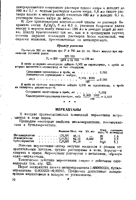 Порог восприятия запаха метилмеркаптана 1:460000000, бутилт меркаптана 0,000003—0,00016. Предельно допустимые концентрации меркаптанов в воздухе не установлены.