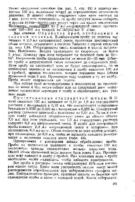 Одновременно с растворами шкалы обрабатывают пробы. Пробы из поглотителя выливают в колбы емкостью 10СГ мл , поглотитель трижды ополаскивают малыми порциями воды. Общий объем промывной воды должен быть равен 6 мл. Промывную воду вливают в колбу с пробой. При вливании воды в пробу необходимо колбу охлаждать, чтобы избежать разогревания.