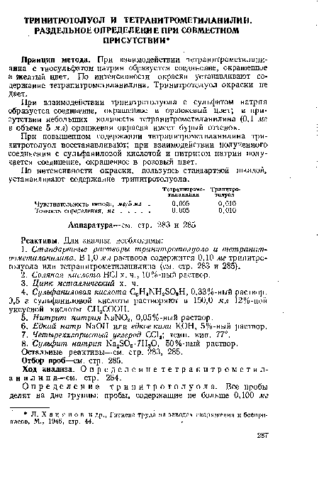 При взаимодействии тринитротолуола с сульфитом натрия образуется соединение, окрашенное в оранжевый цвет; в присутствии небольших количеств тетранитрометиланилина (0,1 мг в объеме 5 мл) оранжевая окраска имеет бурый оттенок.