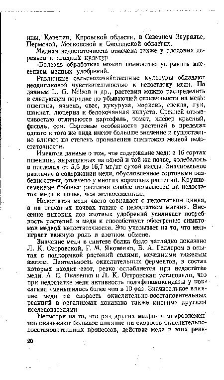 Имеются данные о том, чтв содержание меди в 16 сортах пшеницы, выращенных на одной и той же почве, колебалось в пределах от 5,6 до 16,7 мг/кг сухой массы. Значительное различие в содержании меди, обусловленное сортовыми особенностями, отмечено у многих кормовых растений. Крупносеменные бобовые растения слабее отзываются на недостаток меди в почве, чем мелкосеменные.