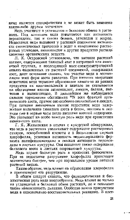 Л. К. Островской установлено, что питание растений солями, содержащими тяжелый азот в нитратной или аммиачной группах, и последующий масс-спектрометрический анализ-выделенных из растений соединений, содержащих азот, дают основание сказать, что участие меди в ассимиляции этих форм азота различно. При питании нитратами недостаток меди тормозит образование какого-то из ранних продуктов их восстановления и вначале не сказывается на обогащении азотом аминокислот, амидов, белков, пептонов и полипептидов. В дальнейшем же наблюдается сильное торможение обогащения всех фракций органического азота, причем оно особенно значительно в амидах. При питании аммиачным азотом недостаток меди задерживает включение тяжелого азота в белок, пептоны и пептиды уже в первые часы после внесения азотной подкормки. Это указывает на особо важную роль меди при применении аммиачного азота.