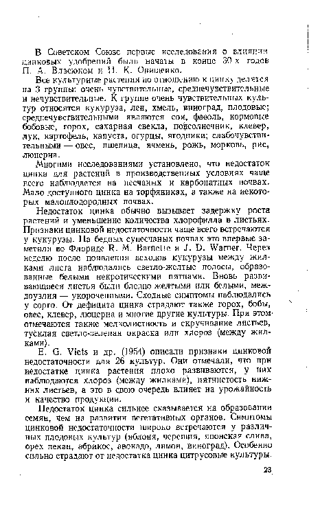 Недостаток цинка сильнее сказывается на образовании семян, чем на развитии вегетативных органов. Симптомы цинковой недостаточности широко встречаются у различных плодовых культур (яблоня, черешня, японская слива, орех пекан, абрикос, авокадо, лимон, виноград). Особенно сильно страдают от недостатка цинка цитрусовые культуры.