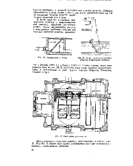 Ниже приводится описание решеток, установленных в Одессе (рис. 27, 28 и 29). В общем зале здания установлены две пары неподвижных решеток с подвижными граблями.