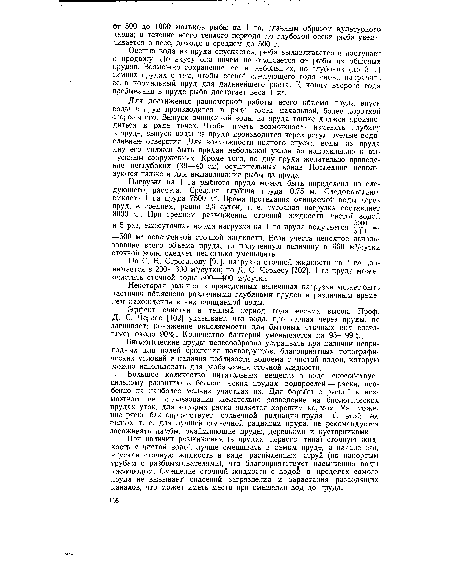 По С. Н. Строганову [91], нагрузка сточной жидкости на 1 га принимается в 200—300 м3/сутки; по Д. С. Черкесу [102], 1 га пруда можег очистить сточной воды 300—400 м3/сутки.