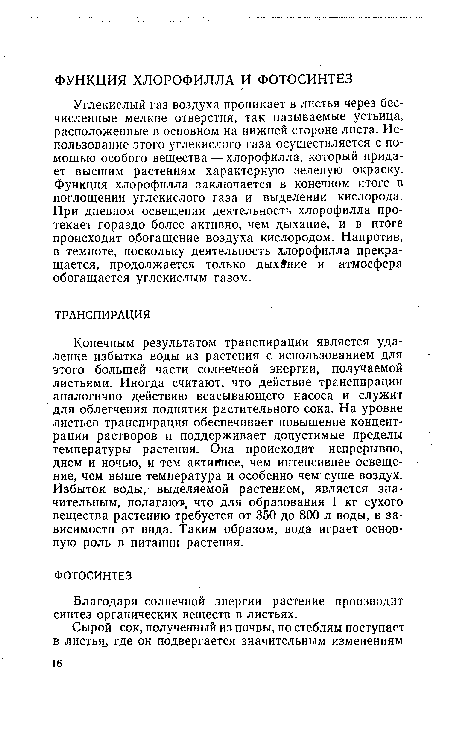 Углекислый газ воздуха проникает в листья через бесчисленные мелкие отверстия, так называемые устьица, расположенные в основном на нижней стороне листа. Использование этого углекислого газа осуществляется с помощью особого вещества — хлорофилла, который придает высшим растениям характерную зеленую окраску. Функция хлорофилла заключается в конечном итоге в поглощении углекислого газа и выделении кислорода. При дневном освещении деятельность хлорофилла протекает гораздо более активно, чем дыхание, и в итоге происходит обогащение воздуха кислородом. Напротив, в темноте, поскольку деятельность хлорофилла прекращается, продолжается только дых ние и атмосфера обогащается углекислым газом.