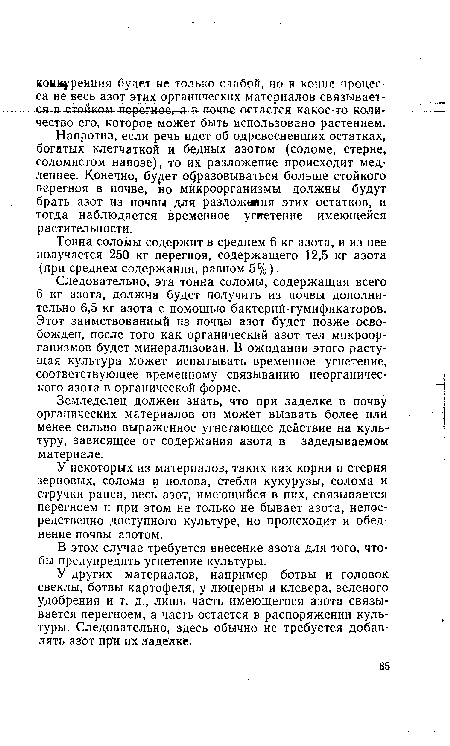 У некоторых из материалов, таких как корни и стерня зерновых, солома и полова, стебли кукурузы, солома и стручки рапса, весь азот, имеющийся в них, связывается перегноем и при этом не только не бывает азота, непосредственно доступного культуре, но происходит и обеднение почвы азотом.