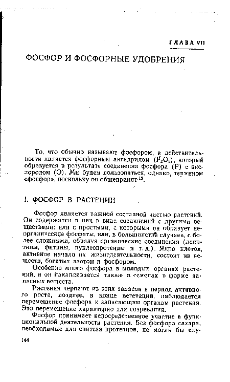 Фосфор является важной составной частью растений. Он содержится в них в виде соединений с другими веществами: или с простыми, с которыми он образует неорганические фосфаты, или, в большинстйё случаев, с более сложными, образуя органические соединения (лецитины, фитины, нуклеопротеиды и т.д.). Ядро клеток, активное начало их жизнедеятельности, состоит из веществ, богатых азотом и фосфором.