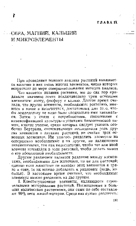 Другим различием является различие между элементами, необходимыми для животных, но не для растений; однако если животные не находят этих элементов в траве и сене, то их можно добавлять к рационам (медь, кобальт) . В настоящее время считают, что необходимые элементы можно разделить на две группы.