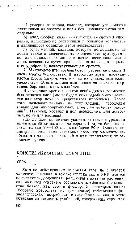 В последнее время в список необходимых элементов был включен хлор (мы не будем его подробно описывать, так как хлор пока не представляет проблемы). Кроме того, называют ванадий, но этот элемент необходим только для микроорганизмов, а не для зеленых растений 21. Наконец, кобальт и йод необходимы для животных, но не для растений.