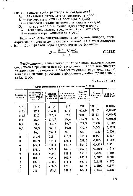 Необходимые данные конкретных значений величин теплосодержания греющего или образующегося пара в зависимости от давления приводятся в соответствующих справочниках по теплотехническим расчетам; выборочные данные приведены в табл. III-5.