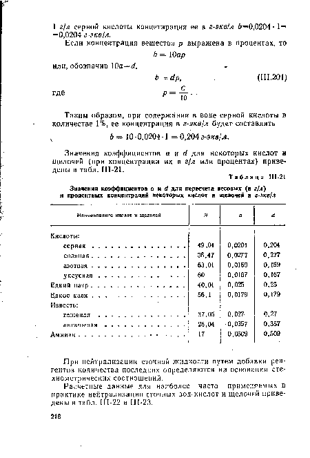 Значения коэффициентов а и й для некоторых кислот и щелочей (при концентрации их в г/л или процентах) приведены в табл. 111-21.