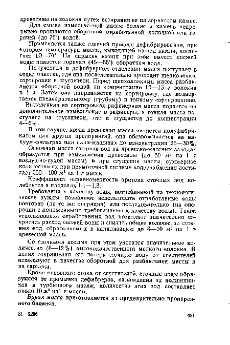 Основная масса сточных вод на древесно-массных заводах образуется при измельчении древесины (до 50 л3 на 1 т воздушно-сухой массы) и при сгущении массы; суммарное количество их при прямоточной системе водоснабжения достигает 300—400 ж3 на 1 г массы.