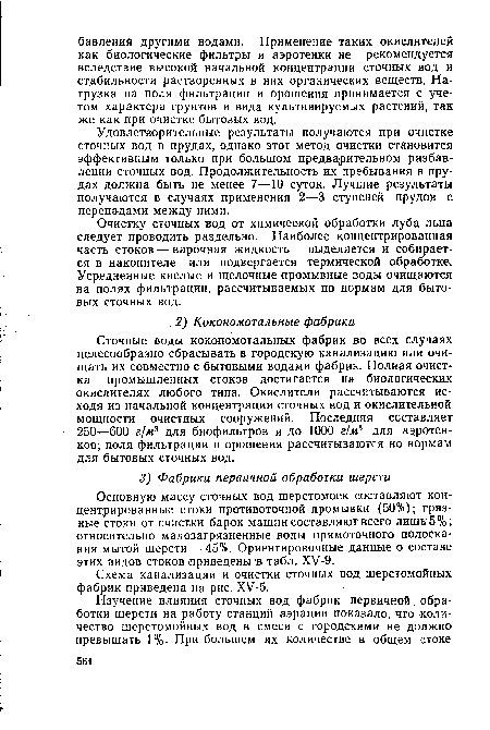 Очистку сточных вод от химической обработки луба льна следует проводить раздельно. Наиболее концентрированная часть стоков — варочная жидкость — выделяется и собирается в накопителе или подвергается термической обработке. Усредненные кислые и щелочные промывные воды очищаются на полях фильтрации, рассчитываемых по нормам для бытовых сточных вод.