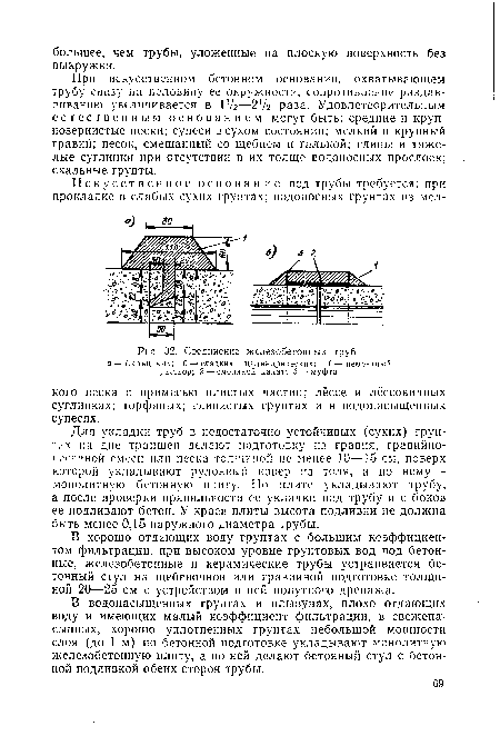 В водонасыщенных грунтах и плывунах, плохо отдающих воду и имеющих малый коэффициент фильтрации, в свеженасыпных, хорошо уплотненных грунтах небольшой мощности слоя (до 1 м) по бетонной подготовке укладывают монолитную железобетонную плиту, а по ней делают бетонный стул с бетонной подливкой обеих сторон трубы.