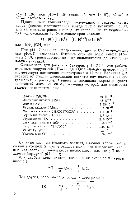 При pH = 7 реакция нейтральная, при рН>7 — щелочная, при рН<7 — кислотная. Бытовые сточные воды имеют р.Н = = 7,2- 7,3, производственные — от сильнокислых до сильнощелочных значений.