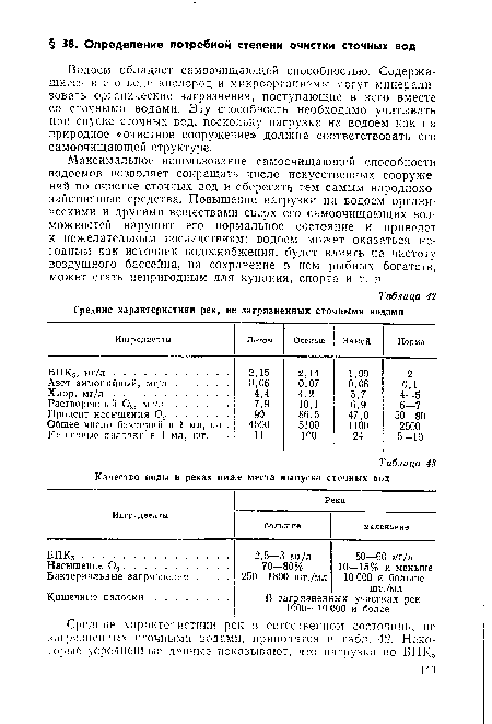 Водоем обладает самоочищающей способностью. Содержащиеся в его воле кислород и микроорганизмы могут минерализовать органические загрязнения, поступающие в него вместе со сточными водами. Эту способность необходимо учитывать при спуске сточных вод, поскольку нагрузка на водоем как на природное «очистное сооружение» должна соответствовать его самоочищающей структуре.