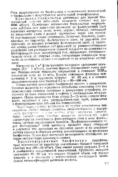 Капельные биофильтры применяют для полной биологической очистки небольших количеств сточных вод (до 1000 м3/сут). Основными элементами биофильтров непрерывного действия или капельных являются: а) фильтрующий слой пористого материала (кокс, шлак, кирпич, щебень), состоящий из нескольких слоев с разной крупностью зерен или кусков; б) ограждающие стенки (кирпичные, бетонные, бутовые), устраиваемые по периметру фильтрующего слоя; в) дырчатое дно (дренаж), на котором размещен фильтрующий слой; г) сплошное днище, расположенное под дренажем; д) распределительные устройства для распределения сточной жидкости по поверхности фильтрующего слоя (дозирующий бак, спринклеры, распределительная сеть); е) сборные лотки, собирающие очищенную жидкость со сплошного днища и отводящие ее во вторичные отстойники.