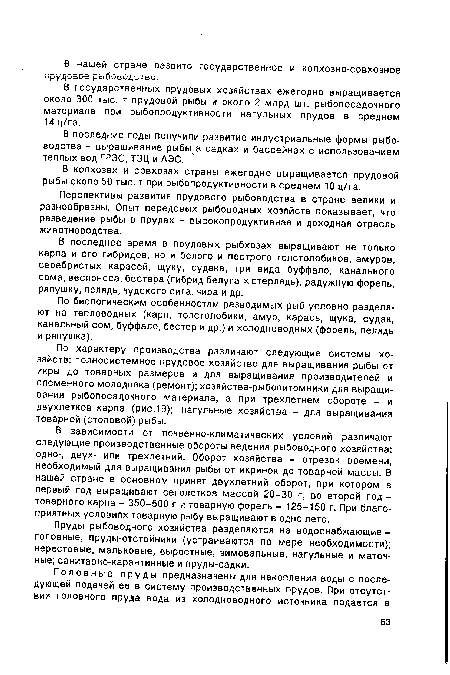 По характеру производства различают следующие системы хозяйств: полносистемное прудовое хозяйство для выращивания рыбы от икры до товарных размеров и для выращивания производителей и племенного молодняка (ремонт); хозяйства-рыбопитомники для выращивания рыбопосадочного материала, а при трехлетнем обороте - и двухлетков карпа (рис.19); нагульные хозяйства - для выращивания товарной (столовой) рыбы.