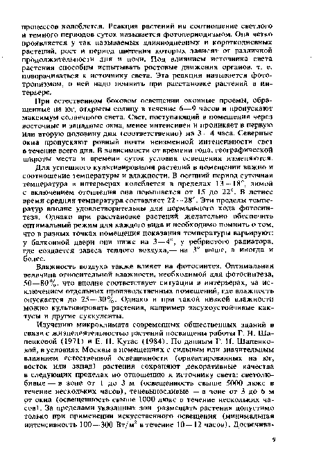 Влажность воздуха также влияет на фотосинтез. Оптимальная величина относительной влажности, необходимой для фотосинтеза, 50—80%, что вполне соответствует ситуации в интерьерах, за исключением отдельных производственных помещений, где влажность опускается до 25—30%. Однако и при такой низкой влажности можно культивировать растения, например засухоустойчивые кактусы и другие суккуленты.