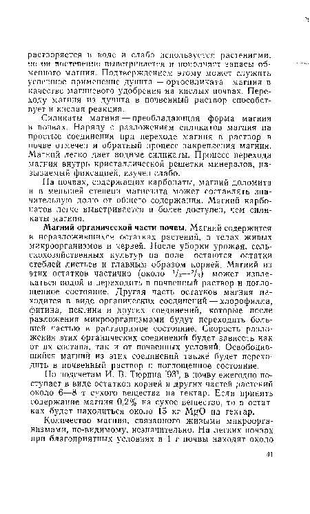 По подсчетам И. В. Тюрина [93], в почву ежегодно поступает в виде остатков корней и других частей растений около 6—8 т сухого вещества на гектар. Если принять содержание магния 0,2% на сухое вещество, то в остатках будет находиться около 15 кг MgO на гектар.