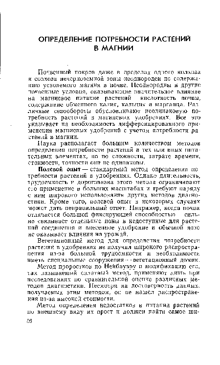 Наука располагает большим количеством методов определения потребности растений в тех или иных питательных элементах, но по сложности, затрате времени, стоимости, точности они не одинаковы.