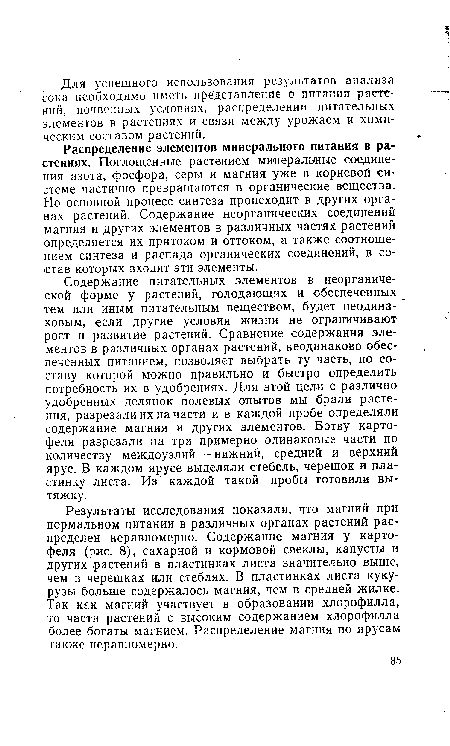 Содержание питательных элементов в неорганической форме у растений, голодающих и обеспеченных тем или иным питательным веществом, будет неодинаковым, если другие условия жизни не ограничивают рост и развитие растений. Сравнение содержания элементов в различных органах растений, неодинаково обеспеченных питанием, позволяет выбрать ту часть, по составу которой можно правильно и быстро определить потребность их в удобрениях. Для этой цели с различно удобренных делянок полевых опытов мы брали растения, разрезали их на части и в каждой пробе определяли содержание магния и других элементов. Ботву картофеля разрезали на три примерно одинаковые части по количеству междоузлий — нижний, средний и верхний ярус. В каждом ярусе выделяли стебель, черешок и пластинку листа. Из каждой такой пробы готовили вытяжку.